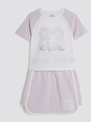 River Island Purple Girls 100% Cotton Crop T-Shirt and Runner Skirt Set - Image 1 of 5