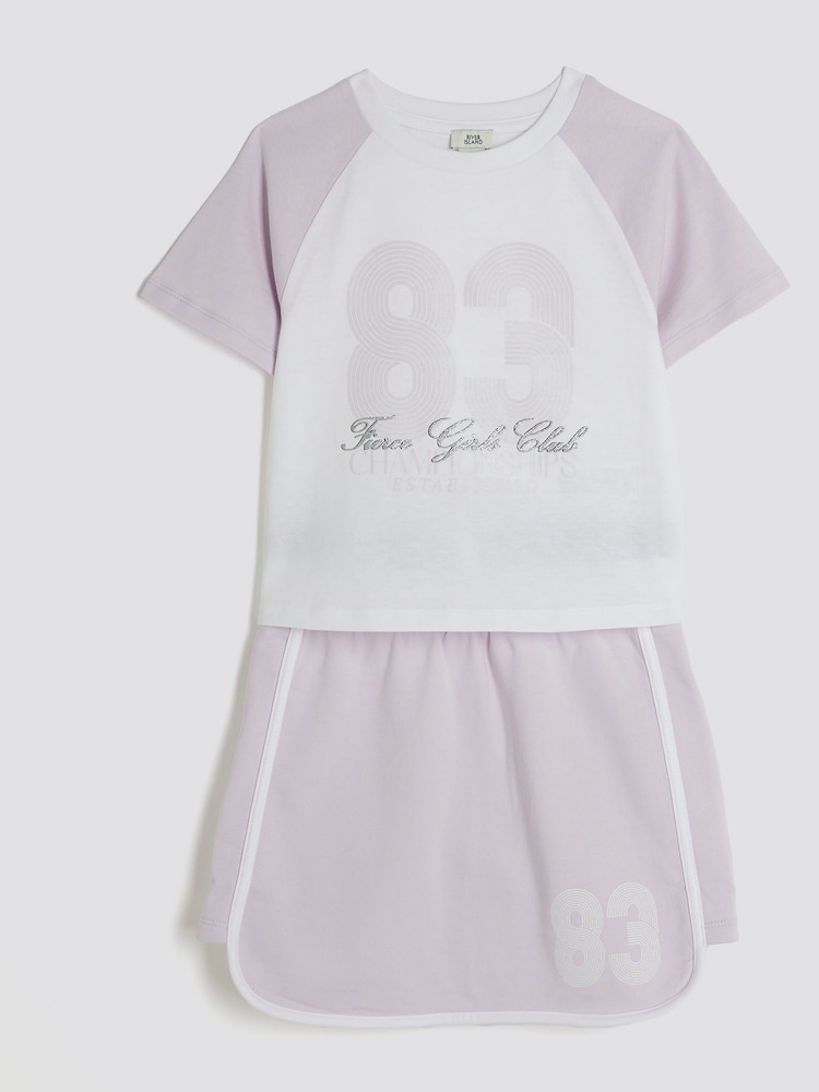 River Island Purple Girls 100% Cotton Crop T-Shirt and Runner Skirt Set - Image 1 of 5