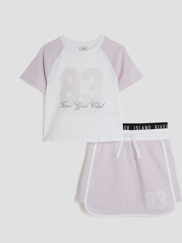River Island Purple Girls 100% Cotton Crop T-Shirt and Runner Skirt Set - Image 2 of 5 River Island Purple Girls 100% Cotton Crop T-Shirt and Runner Skirt Set - Image 2 of 5