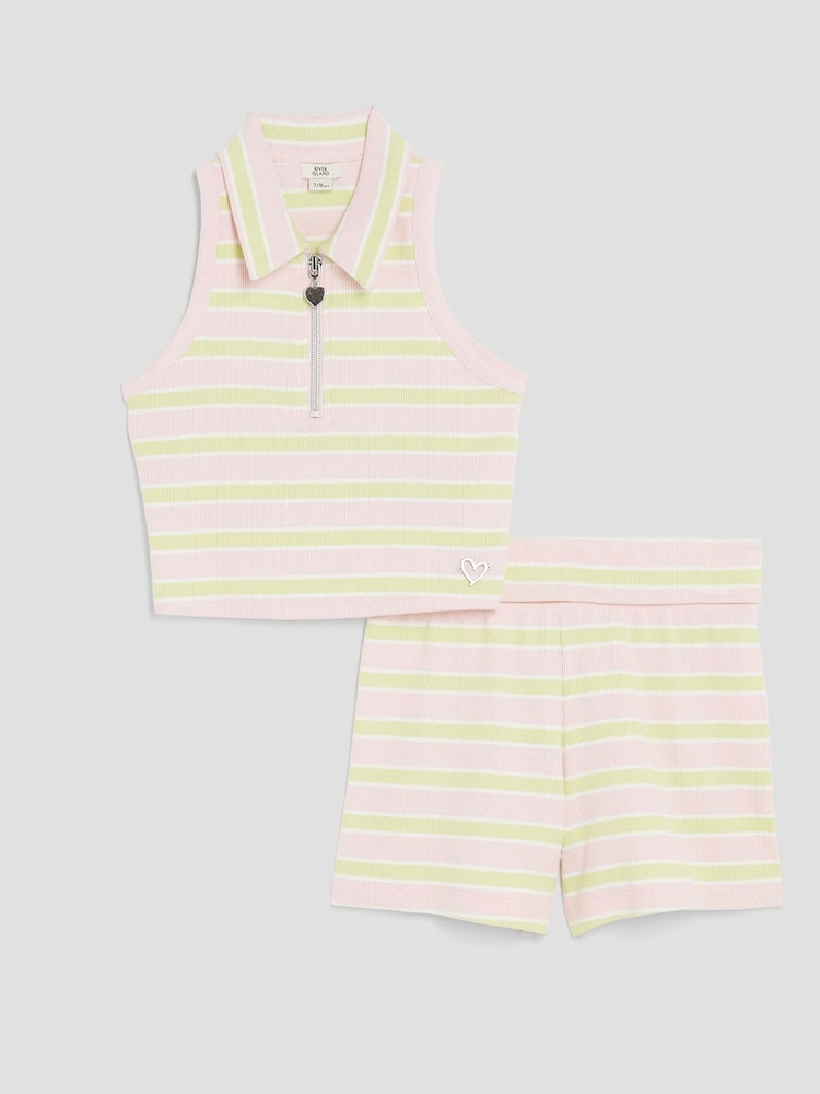 River Island Pink Girls Stripe Shorts Set - Image 1 of 5