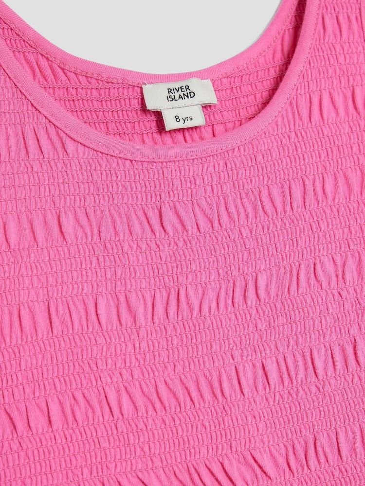 River Island Pink Girls Shirred Broderie Rara 100% Cotton Dress - Image 4 of 4