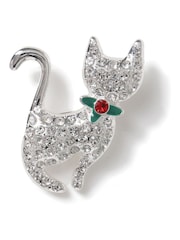 Aela Silver Tone Christmas Cat Brooch - Image 1 of 3