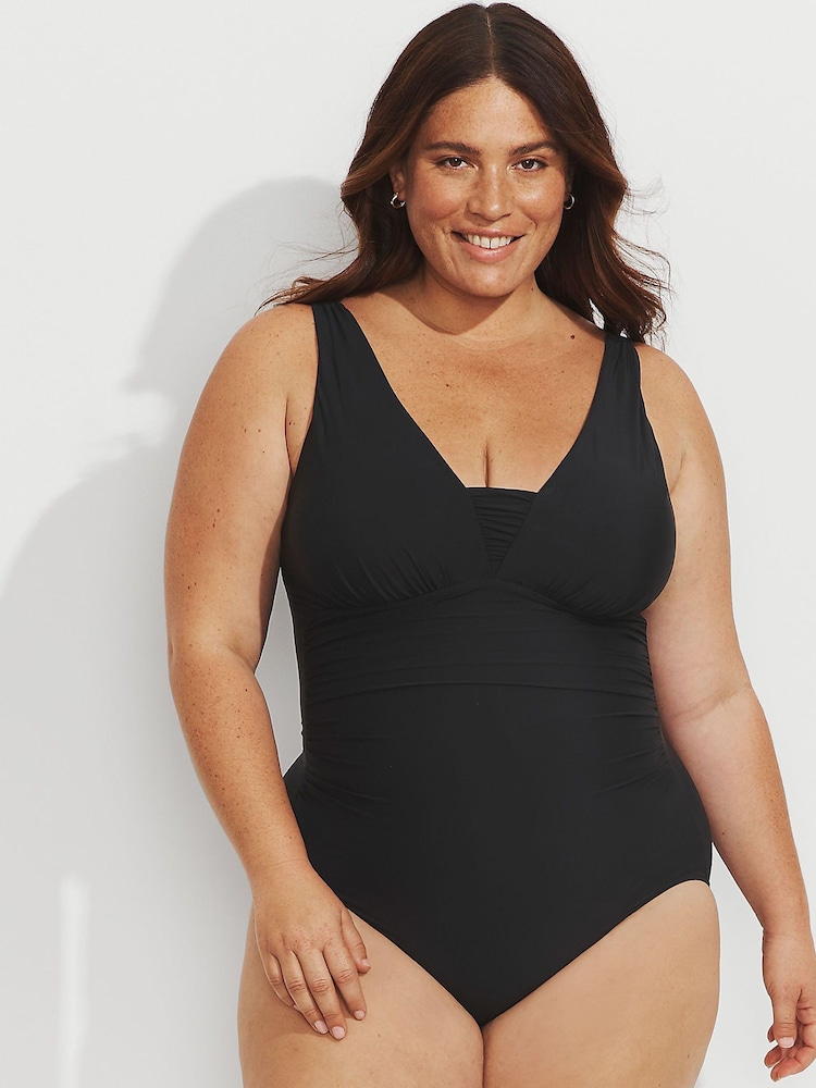 Lands' End Black Tummy Control V-Neck Ruched Swimsuit - Image 1 of 4