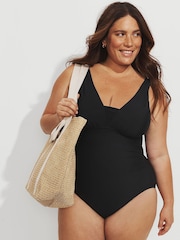 Lands' End Black Tummy Control V-Neck Ruched Swimsuit - Image 2 of 4