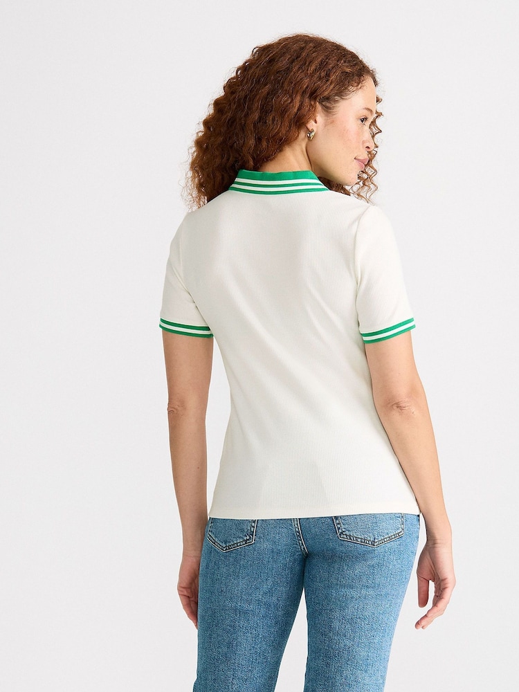 Lands' End Cream Short Sleeve Ribbed Polo Shirt - Image 2 of 4