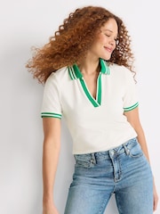 Lands' End Cream Short Sleeve Ribbed Polo Shirt - Image 3 of 4