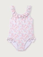 The White Company Pink Petunia Floral Print Frill Neck Swimsuit - Imagen 1 de 2