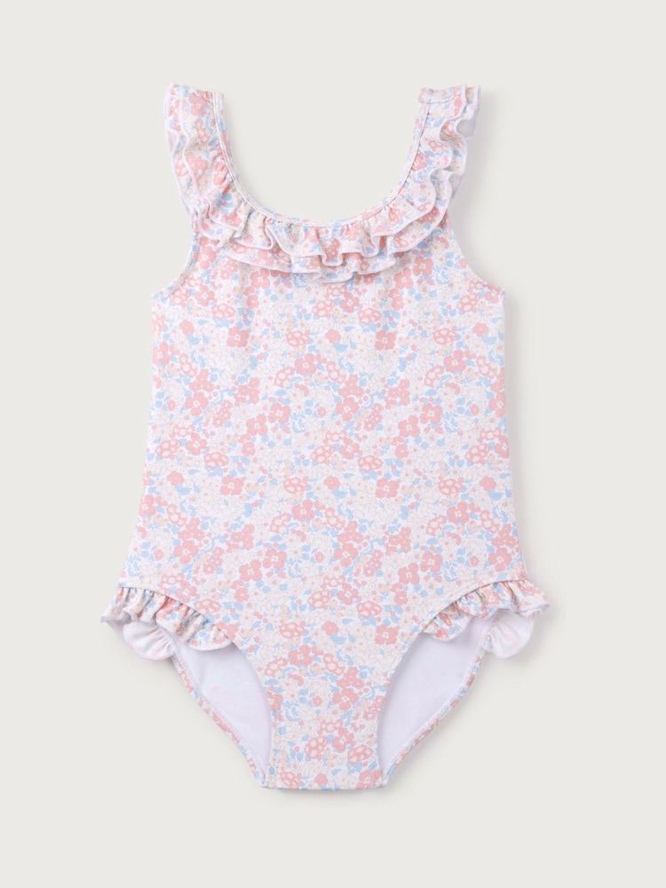 The White Company Pink Petunia Floral Print Frill Neck Swimsuit - Imagen 1 de 2