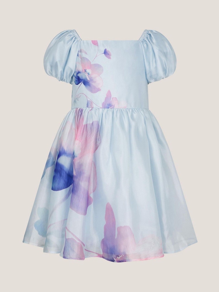 Monsoon Blue Pansy Puff Sleeve Satin Dress - Image 1 of 3