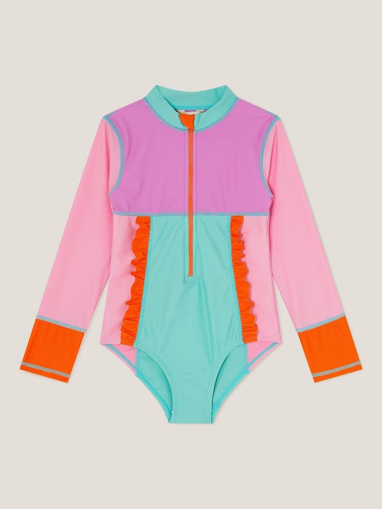 Monsoon Pink Colourblock UPF50+ Long Sleeve Swimsuit - Image 1 of 3