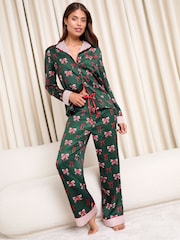 Lipsy Christmas Green Bow Long Sleeve Printed Satin Pyjamas Set - Image 1 of 4