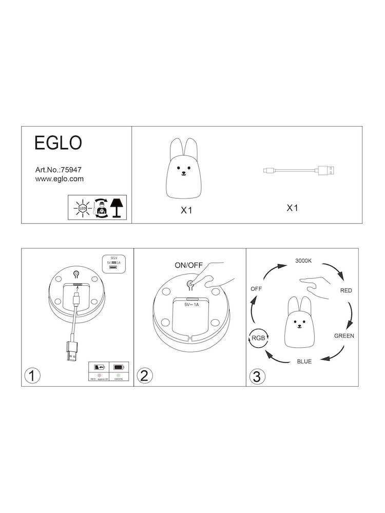 Eglo Pastel Light Blue Kids Castellino Rabbit Night Light Table Lamp - Image 5 of 5