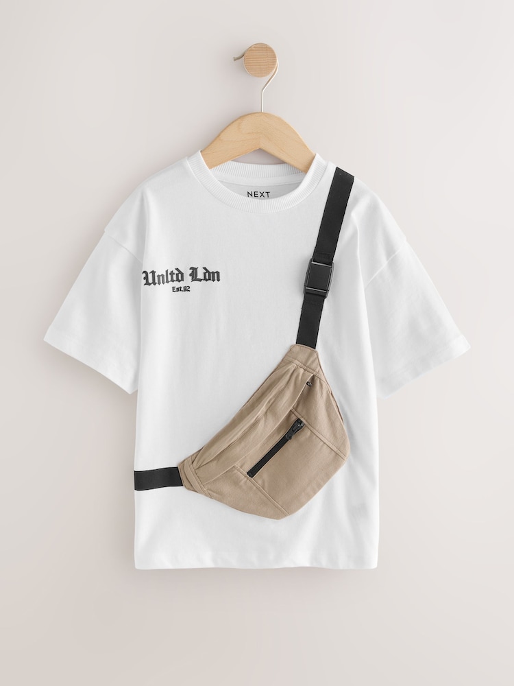 أبيض / إسمنتي - تيشرت بأكمام قصيرة وجيب على شكل حقيبة (3-16 سنة) - صورة 1 من 5