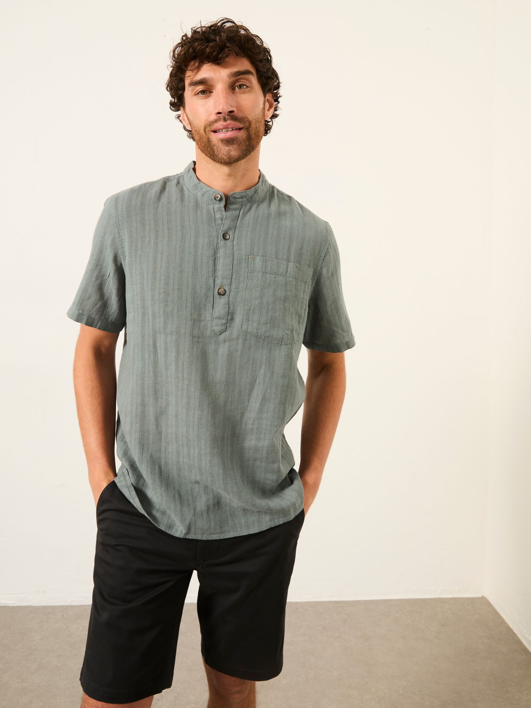 Buy FatFace Bugle Jade Green Self Stripe Short Sleeve Grandad