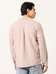 FatFace Bugle Dark Natural Bold Stripe Long Sleeve Grandad Linen Cotton Shirt - Image 2 of 7