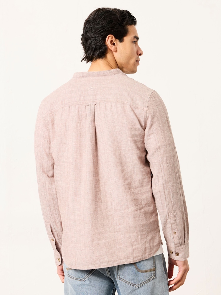 FatFace Bugle Dark Natural Bold Stripe Long Sleeve Grandad Linen Cotton Shirt - Image 2 of 7