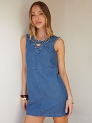 Threadbare Blue Lace Up Sleeveless Denim 100% Cotton Mini Summer Dress - Image 1 of 5