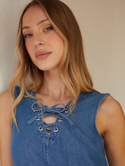 Threadbare Blue Lace Up Sleeveless Denim 100% Cotton Mini Summer Dress - Image 2 of 5