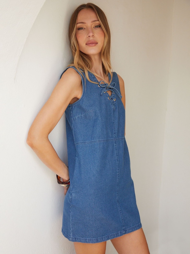 Threadbare Blue Lace Up Sleeveless Denim 100% Cotton Mini Summer Dress - Image 5 of 5