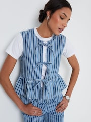 Threadbare Blue Striped Tie Front Denim Waistcoat - Image 1 of 5