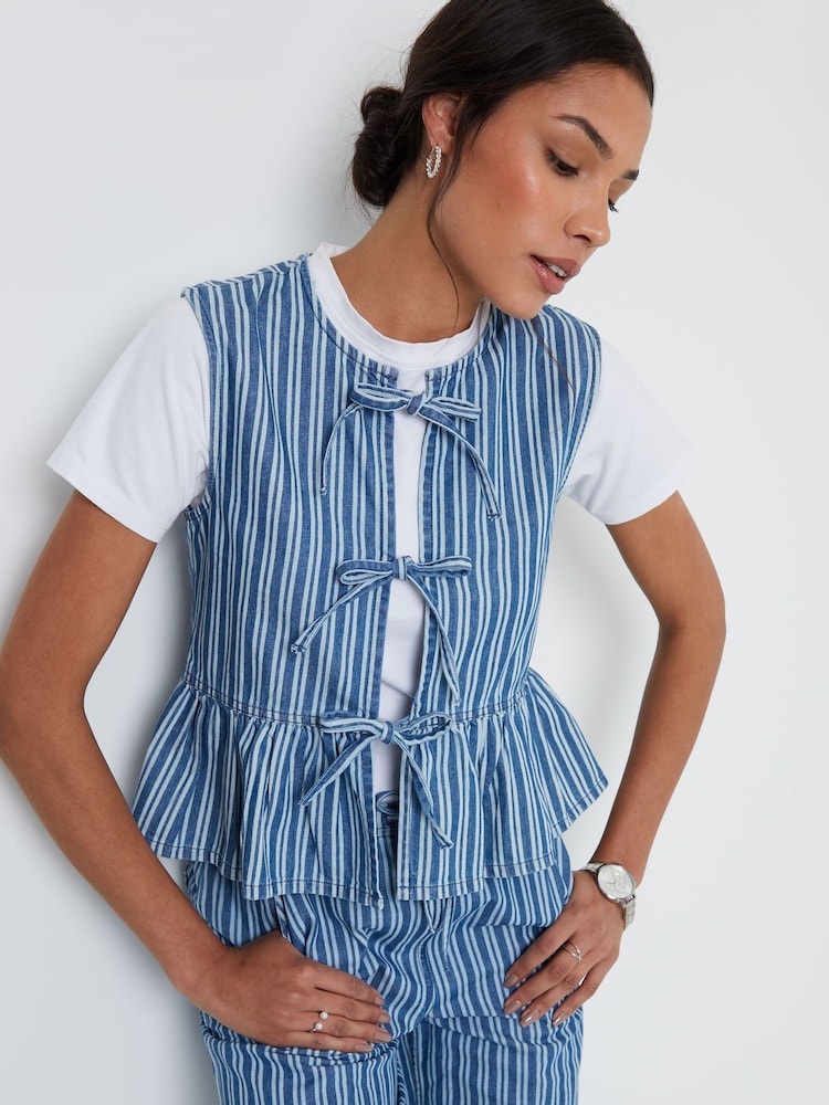 Threadbare Blue Striped Tie Front Denim Waistcoat - Image 1 of 5