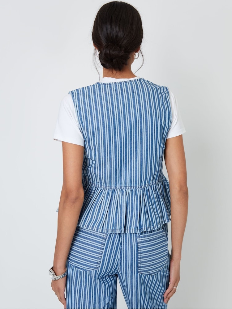 Threadbare Blue Striped Tie Front Denim Waistcoat - Image 2 of 5