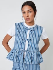 Threadbare Blue Striped Tie Front Denim Waistcoat - Image 3 of 5