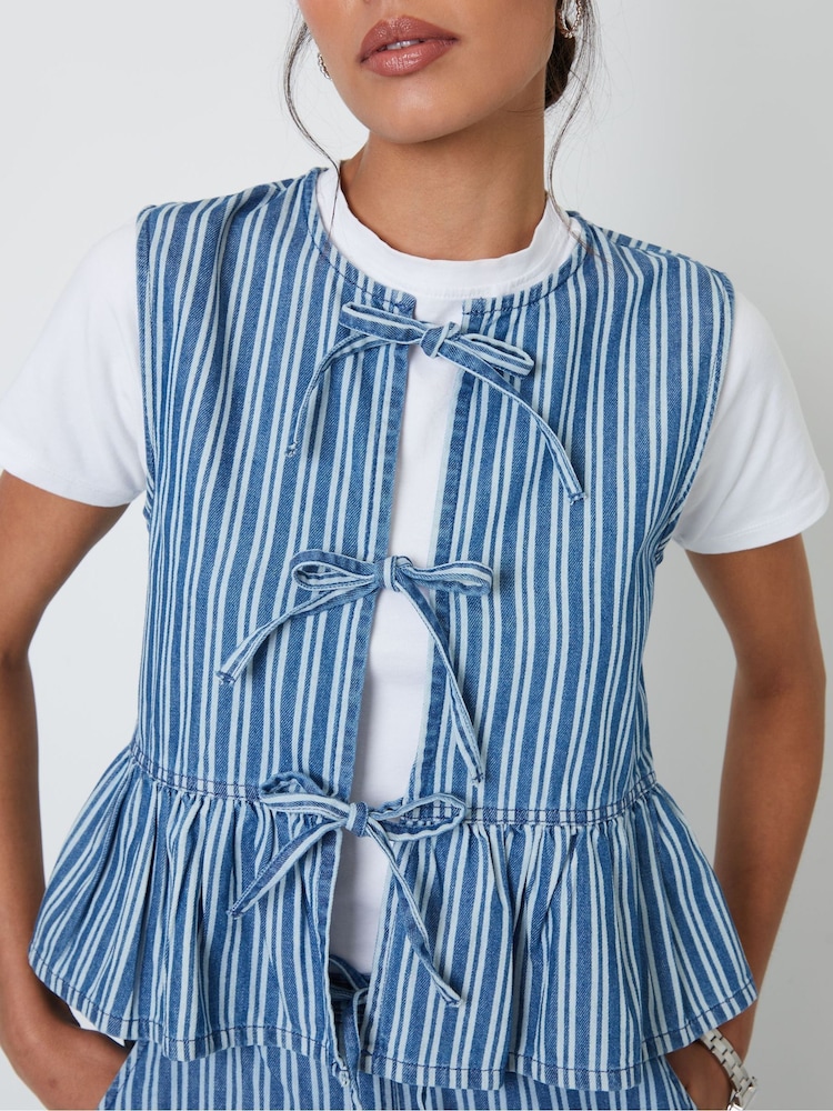 Threadbare Blue Striped Tie Front Denim Waistcoat - Image 5 of 5