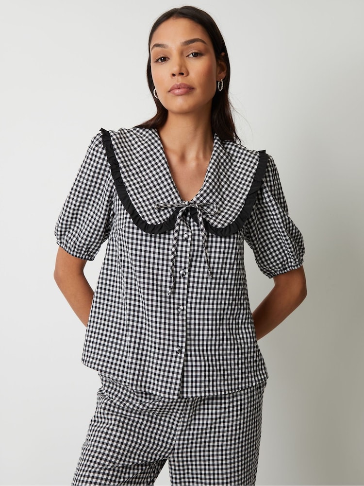 Threadbare Black Gingham Ruffle Collar Puff Sleeve 100% Cotton Blouse - Image 1 of 5