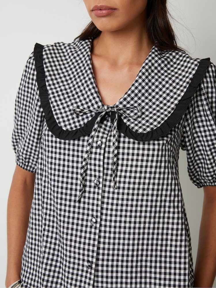 Threadbare Black Gingham Ruffle Collar Puff Sleeve 100% Cotton Blouse - Image 2 of 5