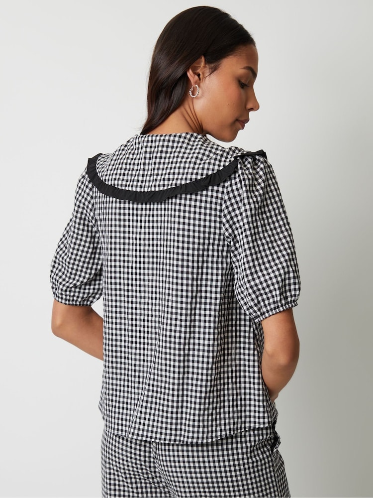 Threadbare Black Gingham Ruffle Collar Puff Sleeve 100% Cotton Blouse - Image 3 of 5