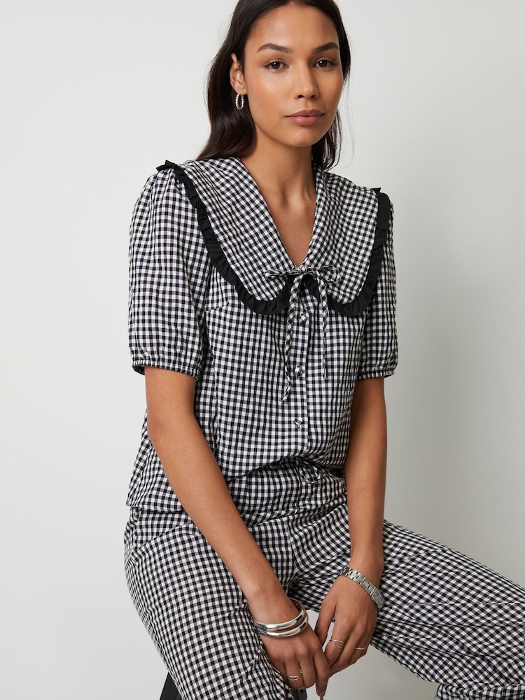 Threadbare Black Gingham Ruffle Collar Puff Sleeve 100% Cotton Blouse - Image 4 of 5