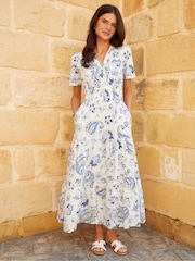Threadbare Cream Floral Print Shirred Detail Tiered 100% Cotton Midi Dress - Image 1 of 4
