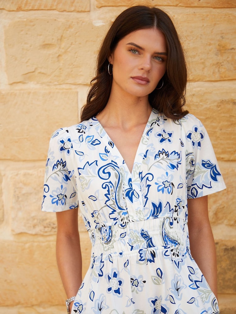 Threadbare Cream Floral Print Shirred Detail Tiered 100% Cotton Midi Dress - Image 2 of 4