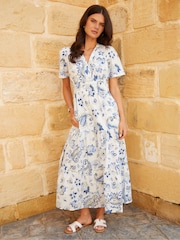 Threadbare Cream Floral Print Shirred Detail Tiered 100% Cotton Midi Dress - Image 3 of 4