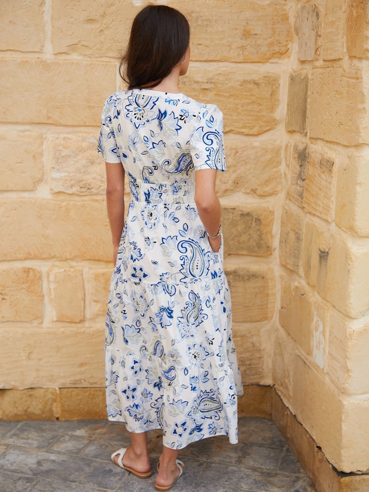 Threadbare Cream Floral Print Shirred Detail Tiered 100% Cotton Midi Dress - Image 4 of 4