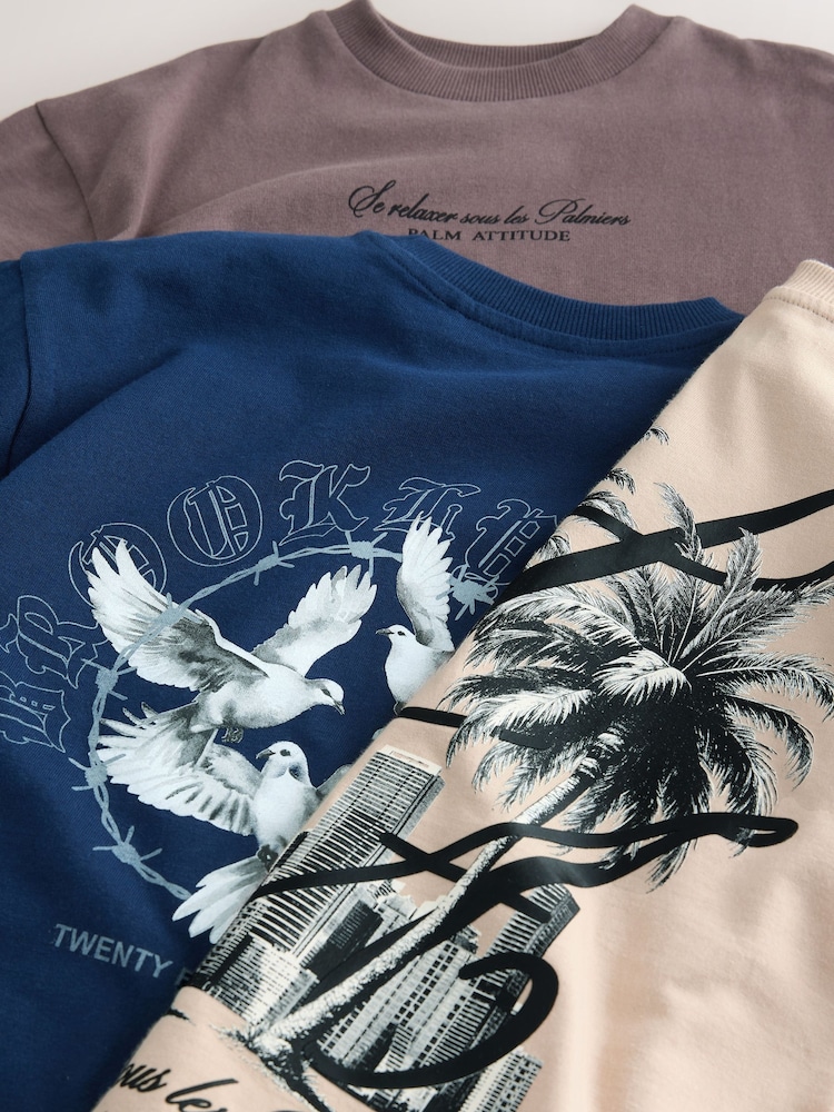 Tumši zila/akmens/brūna - Relaxed Fit grafiskā apdrukas īsroku T-krekli 3 iepakojums (3-16gadi) - Attēls 7 no 7