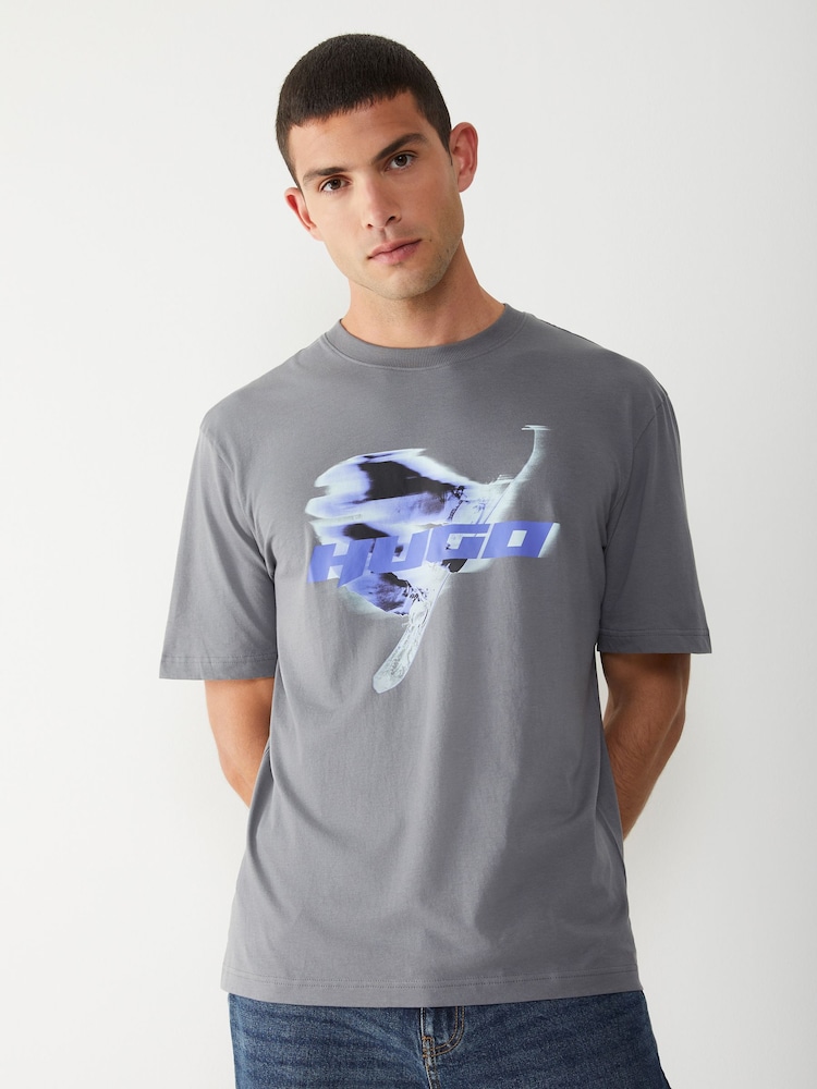 HUGO Grey Graphic Print Logo T-Shirt - Image 1 of 4