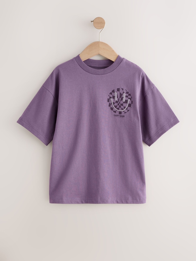 Purple Checkerboard Smile Relaxed Fit Short Sleeve Graphic T-Shirt (3-16yrs) - Image 1 of 4