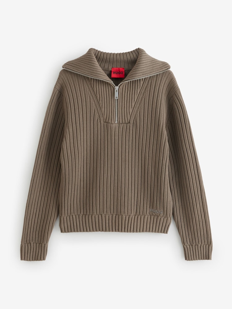 HUGO Grey Rib Knitted 1/4 Jumper - Image 1 of 1