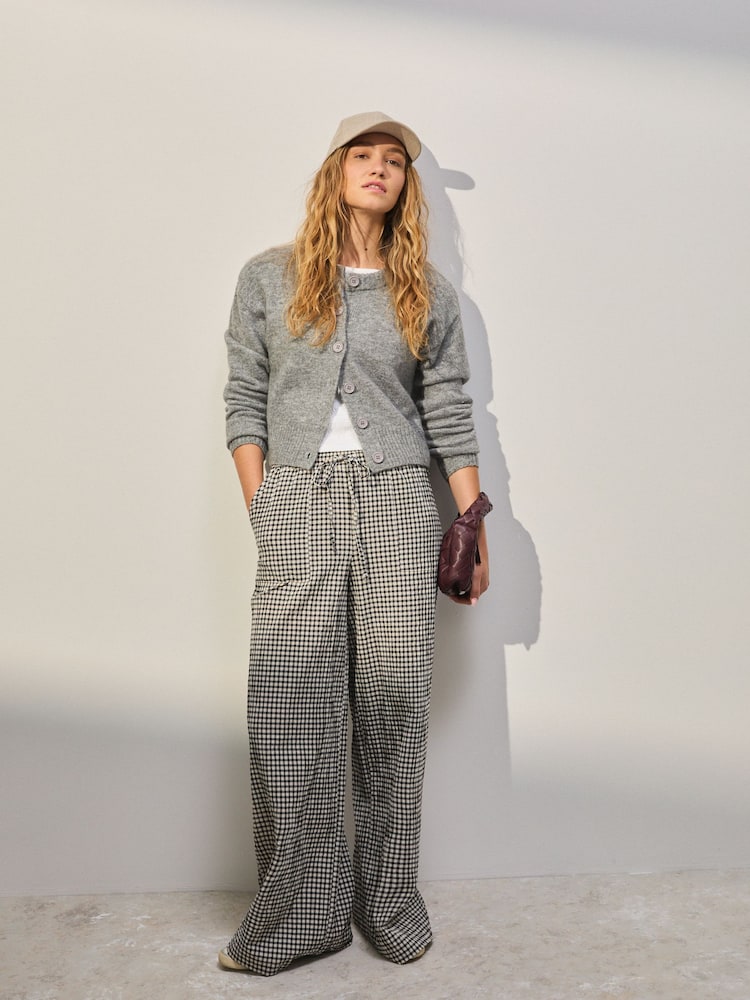 Black/White Textured Gingham Wide Leg Trousers - Image 1 of 4