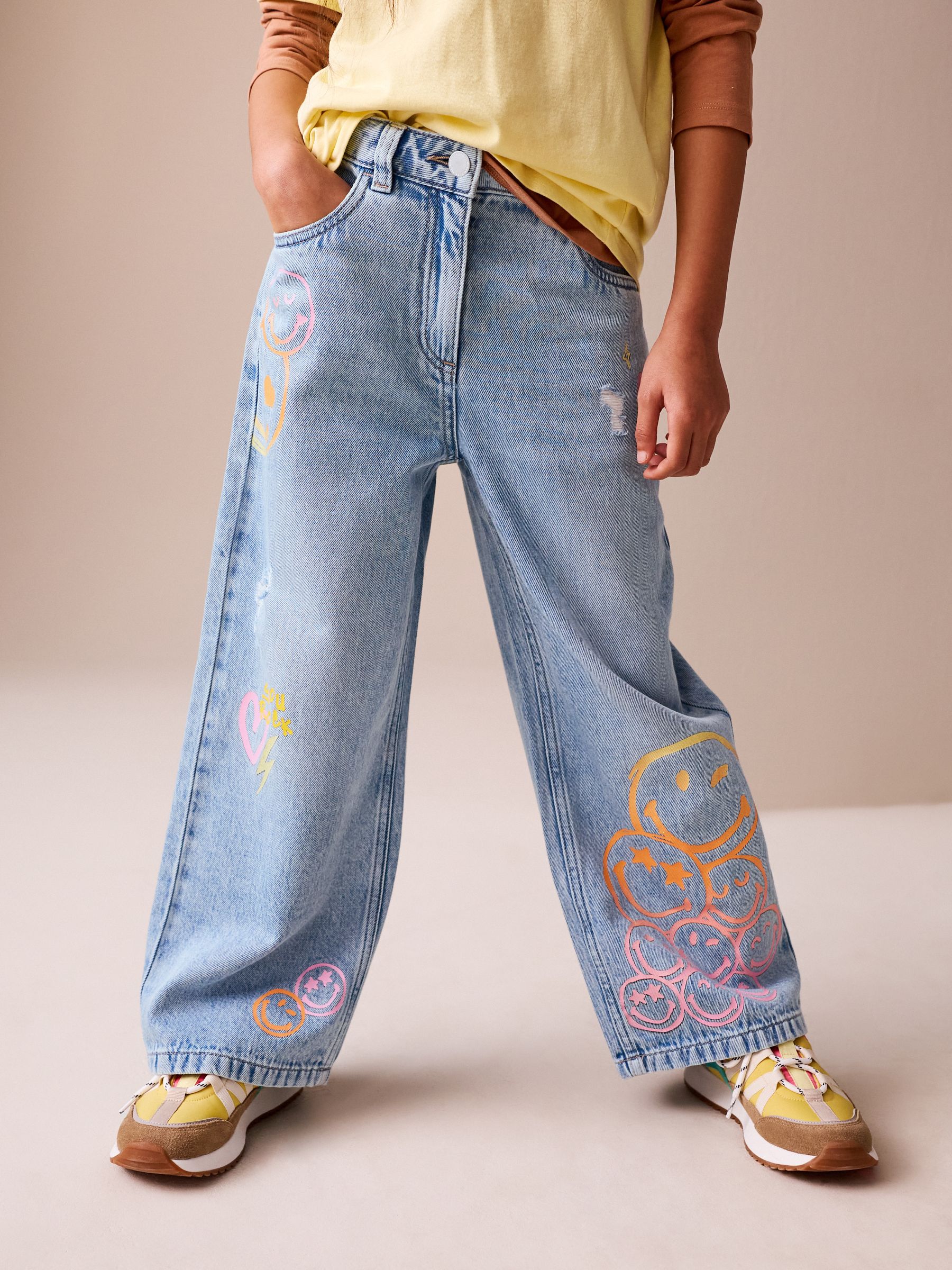 Buy Mid Blue SmileyWorld® Print Wide Leg Jeans (3-16yrs) from Next