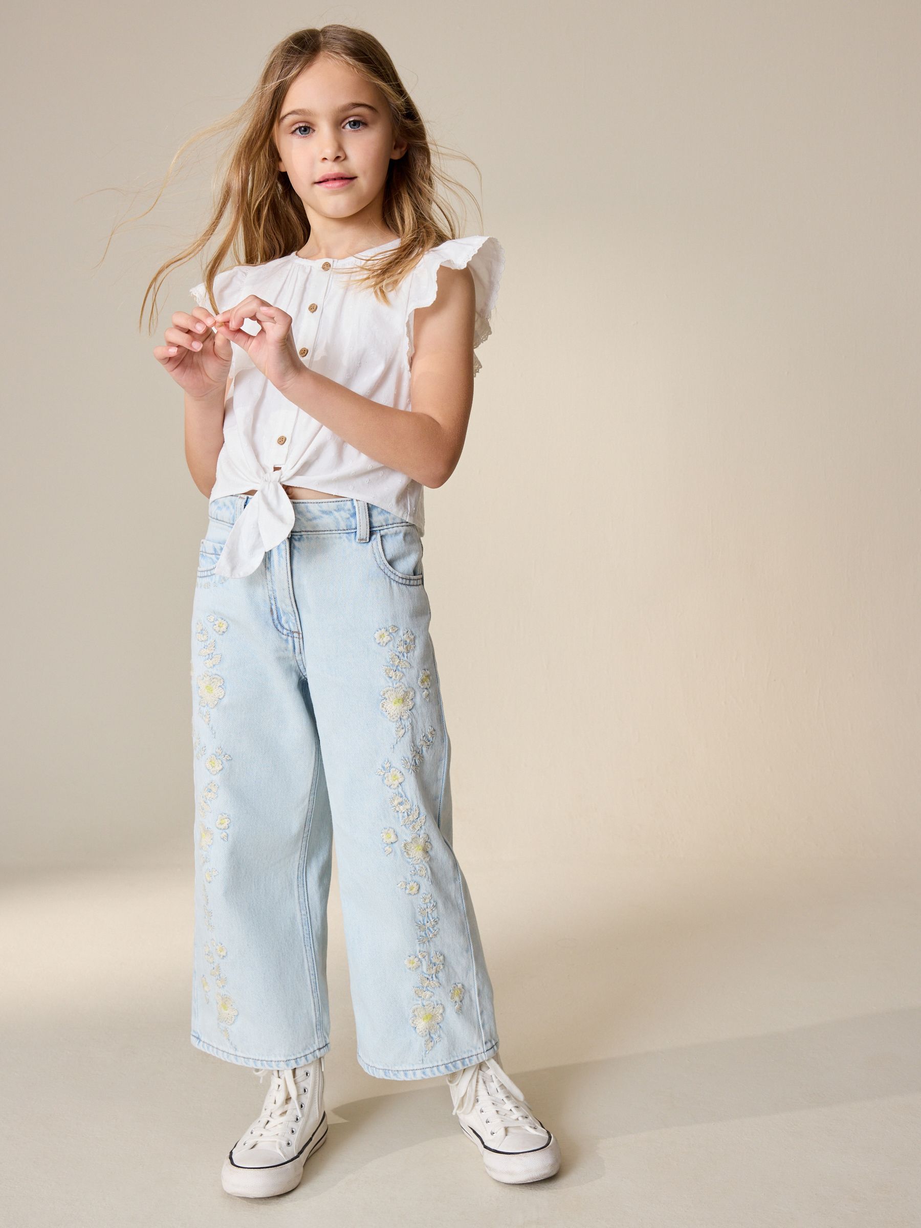 Buy Light Blue Floral Embroidered Wide Leg Jeans (3-16yrs) from