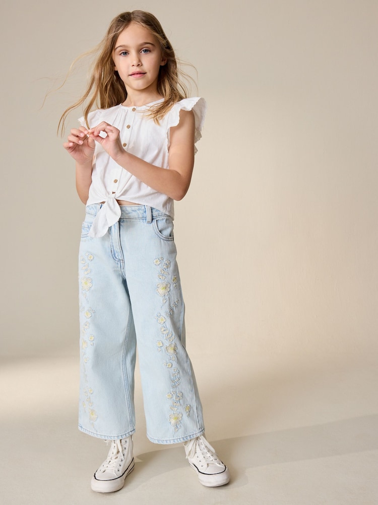 Albastru deschis - Floral larg cu broderie Blugi (3-16yri) - Imaginea 1 din 8