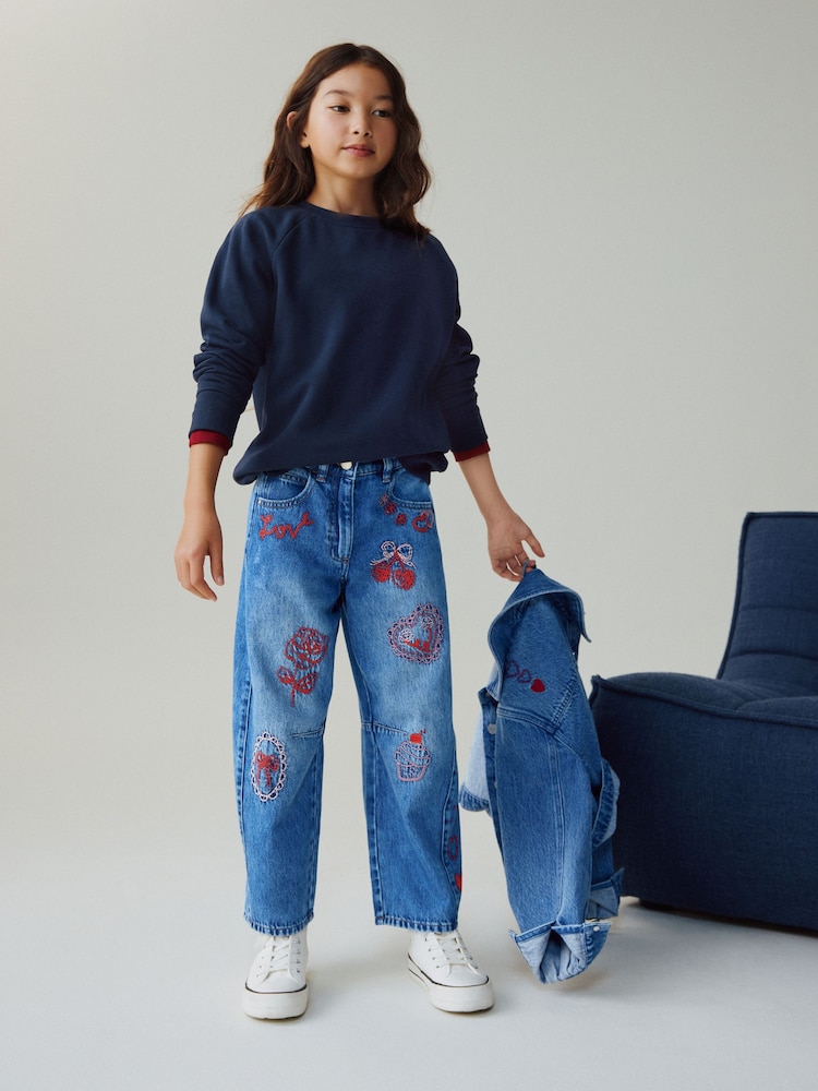 Mid Blue Embroidered Barrel Jeans (3-16yrs) - Image 2 of 8