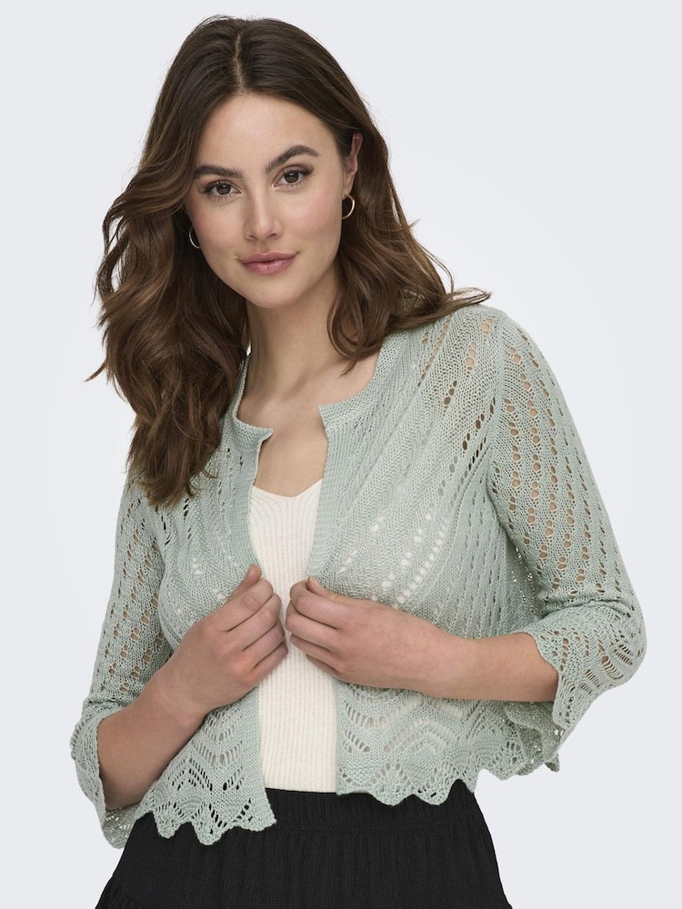 JDY Green Crochet 3/4 Sleeve Cardigan - Image 1 of 6