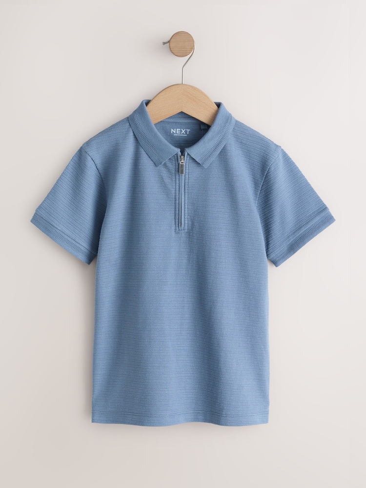 Blue Textured Short Sleeve Zip Neck Polo Shirt (3-16yrs) - Image 1 of 4 Blue Textured Short Sleeve Zip Neck Polo Shirt (3-16yrs) - Image 1 of 4