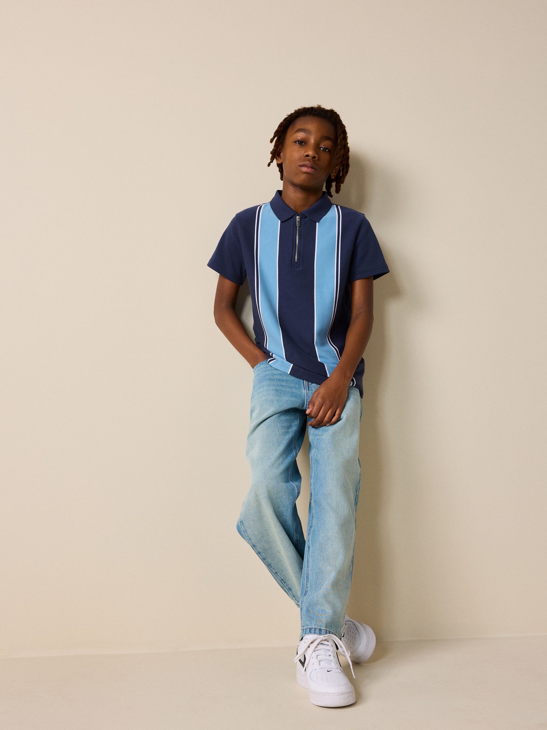 Buy Navy Blue Vertical Stripe Zip Neck Polo Shirt (3-16yrs) from