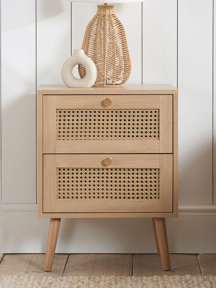 Birlea Oak Croxley Rattan 2 Drawer Bedside Table - Image 1 of 5