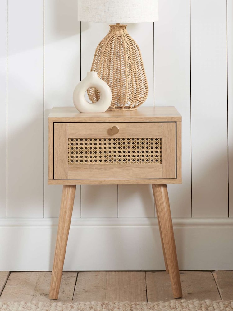 Birlea Oak Croxley Rattan 1 Drawer Bedside Table - Image 1 of 5